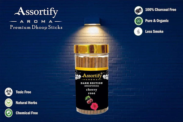 Premium dhoop sticks jar with gold lid, dark edition cherry rose; 100% charcoal free