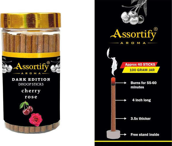 Cherry rose dhoop sticks jar with gold lid; packaging shows stick details and count