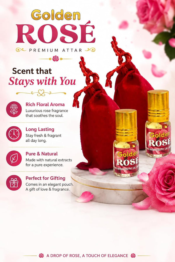 Golden attar bottles with red pooja pouch and rose petals for pooja