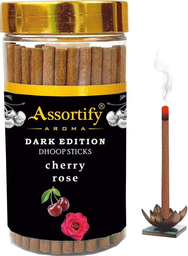 Dark edition dhoop sticks jar with cherry rose label and topped with gold lid