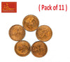 Round copper-colored coins with embossed emblems, set of 11, top view