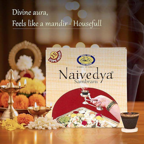 Sambrani dhoop cups set with incense cup, shown in Naivedya packaging box