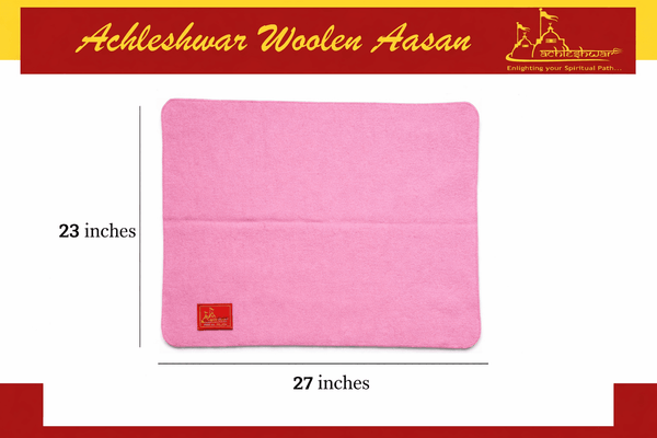 Square pink woolen aasan mat with corner label and 23x27 in size markers