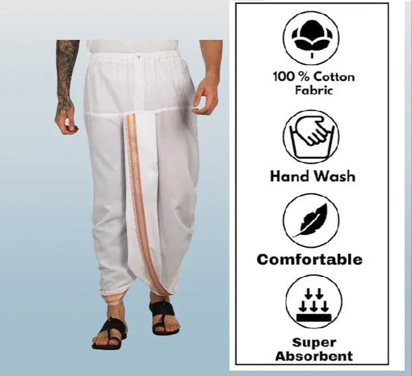 Pure cotton readymade dhoti free size white colour with Thick embroidery border - Achleshwar