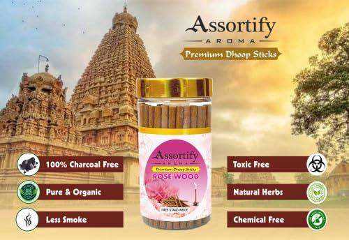 Dhoop sticks jar with gold lid and rose wood graphic; icons show less smoke