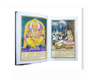 Open diary with illustrated deity pages and framed artwork on both sides