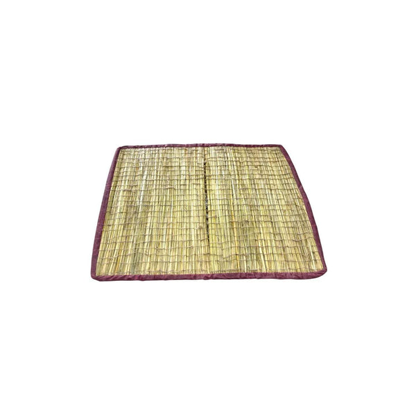 2x2 ft woven kusa mat with purple border and grid texture, flat view