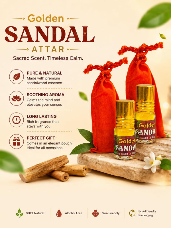 Sandal attar fragrance set with gold bottles, red pouch, and sandalwood sticks.