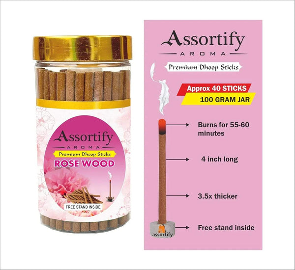 Dhoop sticks jar with gold lid; pink label lists approx 40 sticks and burn time