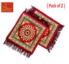 Velvet pooja mat in burgundy with square mandala, gold trim, long tassel fringe