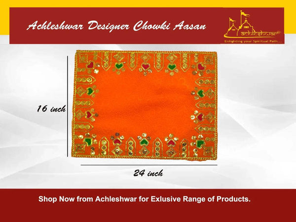 Orange velvet pooja aasan cloth with gold, green and red decorative trim