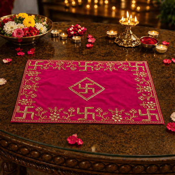 Pink velvet puja cloth with gold embroidered border and central swastika, laid on table