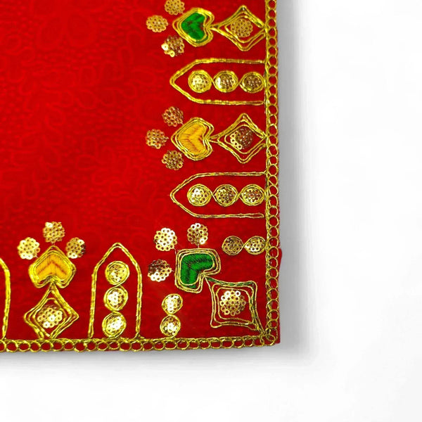 Red velvet pooja asan cloth with gold embroidered border and corner motifs