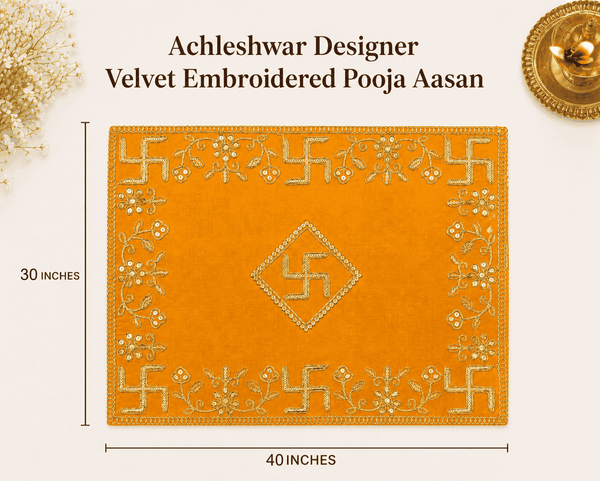 Velvet puja asan cloth, golden-yellow, 40 in x 30 in with gold embroidered border
