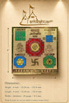 Gold yantra insert card showing central red medallion and colored hexagram icons, with size lines.
