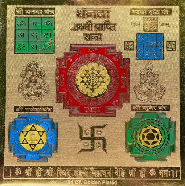 Gold yantra chart with central red mandala and blue, green, and yellow decorative blocks.
