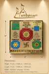 Yantra card with red central mandala and multicolor corner panels in a border