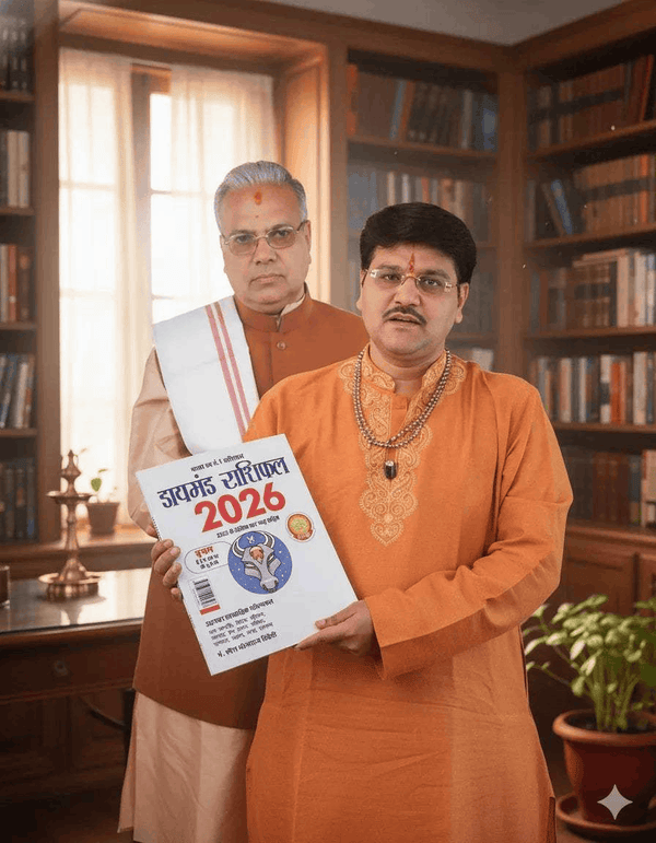 Hindi astrology book: Diamond Rashifal 2026, held in orange traditional outfit