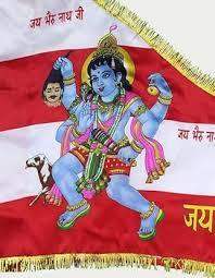 Red cloth temple flag with blue deity figure, gold trim, and Hindi text