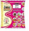 Gulal powder pouch with colorful printed packaging and circular brand seals