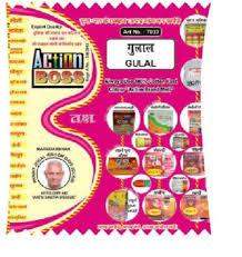 Gulal powder pouch with colorful printed packaging and circular brand seals