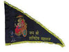 Triangular devotional flag with deity image, black fabric, and gold fringe trim