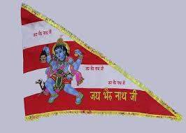 Red triangular temple flag with blue Hindu deity and gold border