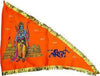 Orange triangular Ram Ji printed flag with deity and temple scene, decorative border