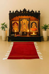 Reversible pooja meditation mat, deep red fabric with white fringe and thin border line