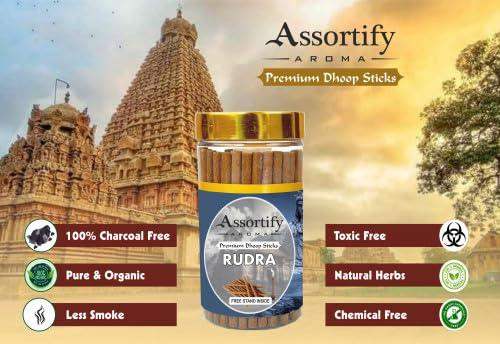 Incense sticks jar with gold lid, Assortify Rudra label, free stand inside