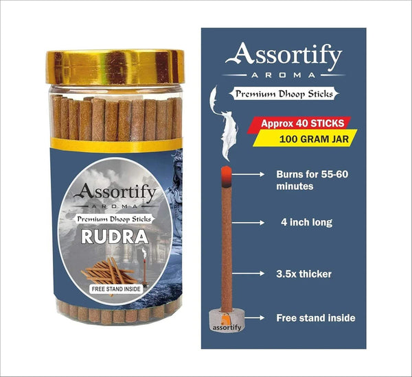 Incense sticks jar with gold lid beside blue info panel, approx 40 sticks