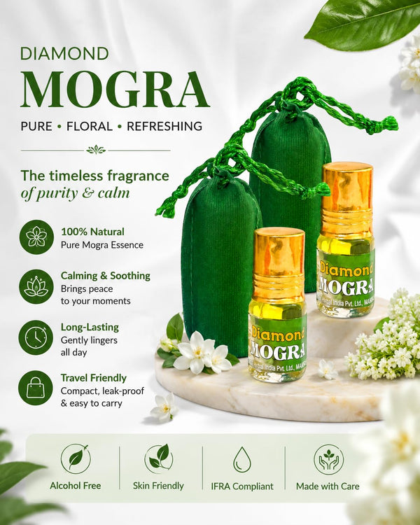 Mogra itra for pooja roll-on fragrance bottles with green caps and gold labels