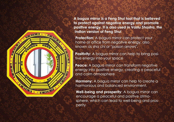 Octagonal Feng Shui mirror with red and gold pattern and central reflective glass