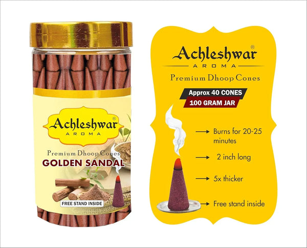 Golden Sandal Dhoop Cones Box|Bamboless||100gm Jar Packaging | Less Smoke| - Achleshwar