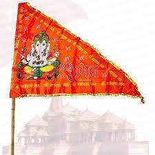 Orange triangular Ganesha printed flag on a pole