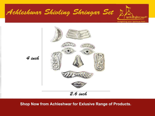 German silver Shivling shringar set: crescent moon, face details, arms, and ornaments pieces