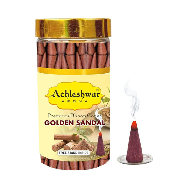 Golden sandal incense cone jar with gold lid, Achleshwar Aroma label