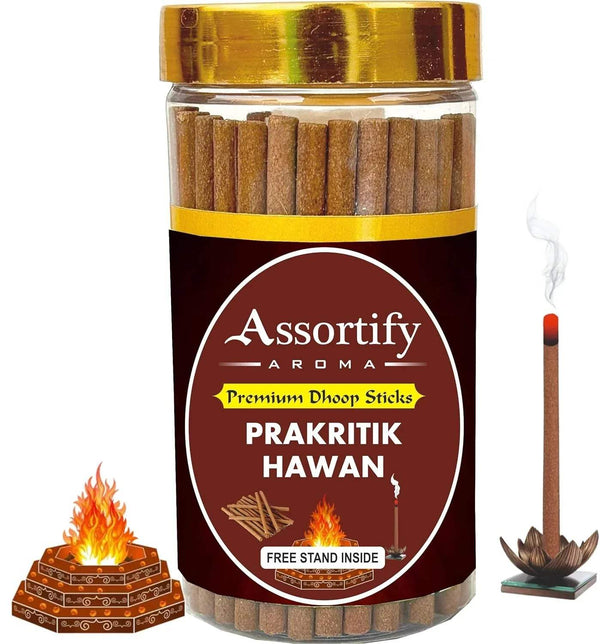 Incense dhoop stick jar with gold lid and brown sticks, Prakritik Hawan label