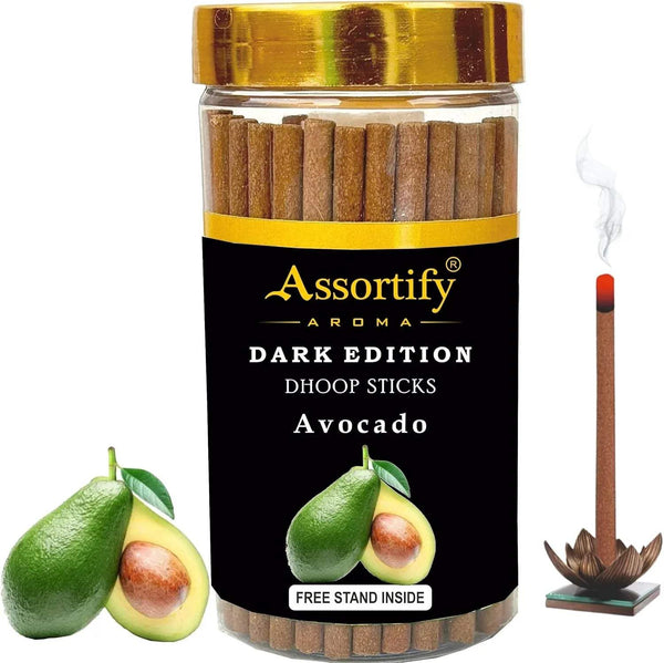 Avocado dhoop sticks jar with gold lid and Assortify Dark Edition label