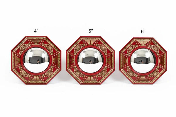 Set of three octagonal convex mirrors in red frames, labeled 4", 5", 6"