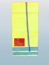Yellow cotton dhoti with vertical blue stripe and red-blue patterned hem