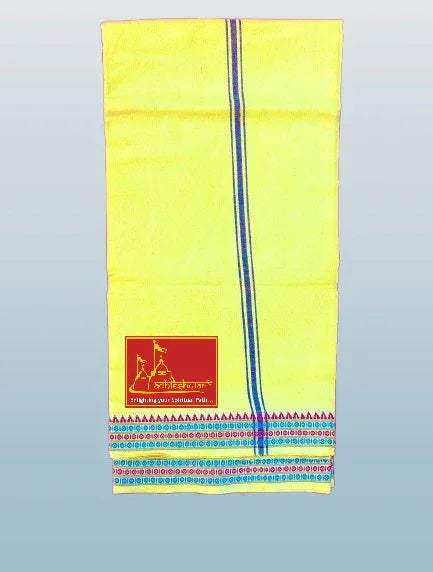 Yellow cotton dhoti with vertical blue stripe and red-blue patterned hem