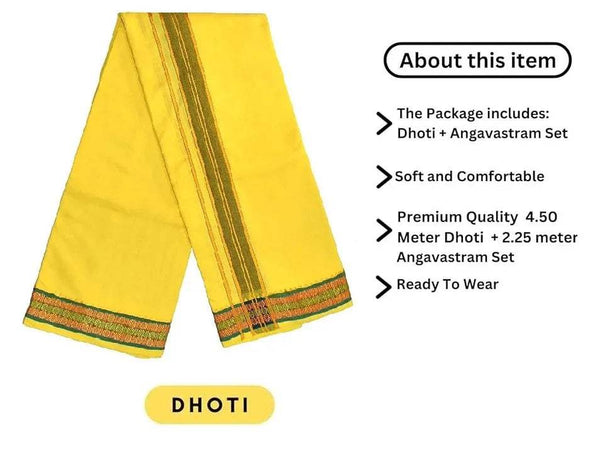 Yellow cotton dhoti with diagonal green stripe and orange multicolor hem border
