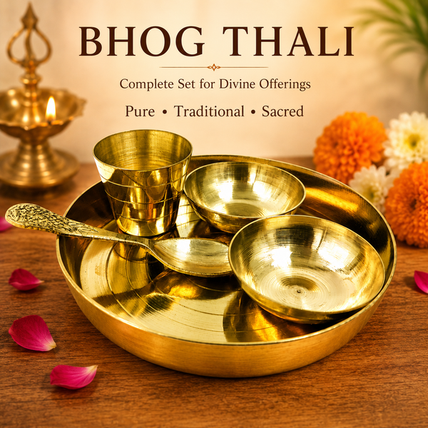 Round golden Bhog thali plate with four small brass bowls for prasad
