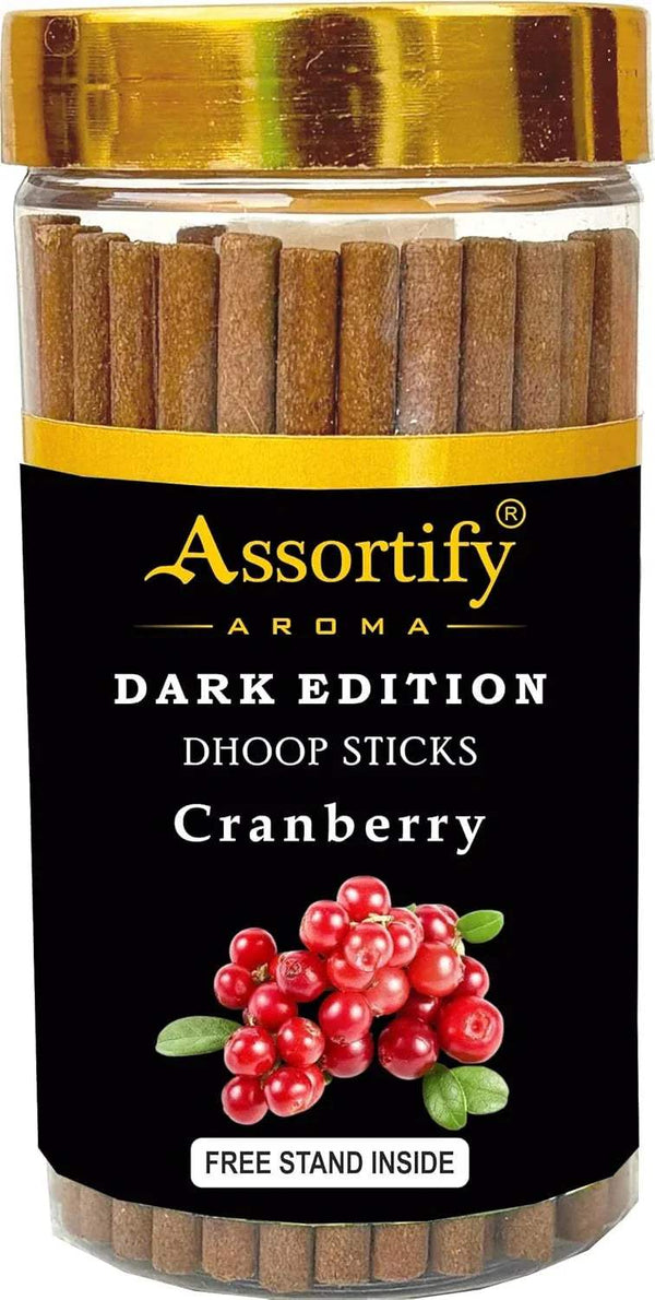 Dhoop sticks jar with gold lid, dark edition cranberry label, sticks inside
