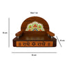 Small wooden devotional throne with arched backrest, colorful artwork panel, and 'राधे राधे'
