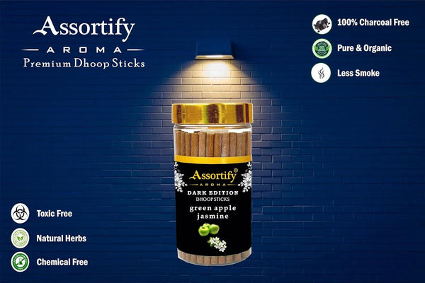 Green Apple Jasmin Dhoop Sticks Jar|Natural Ingredients||100Gm Jar Packaging | Less Smoke| - Achleshwar