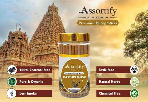 Kasturi Musk dhoop sticks jar with gold lid and brown charcoal sticks, assorted aroma