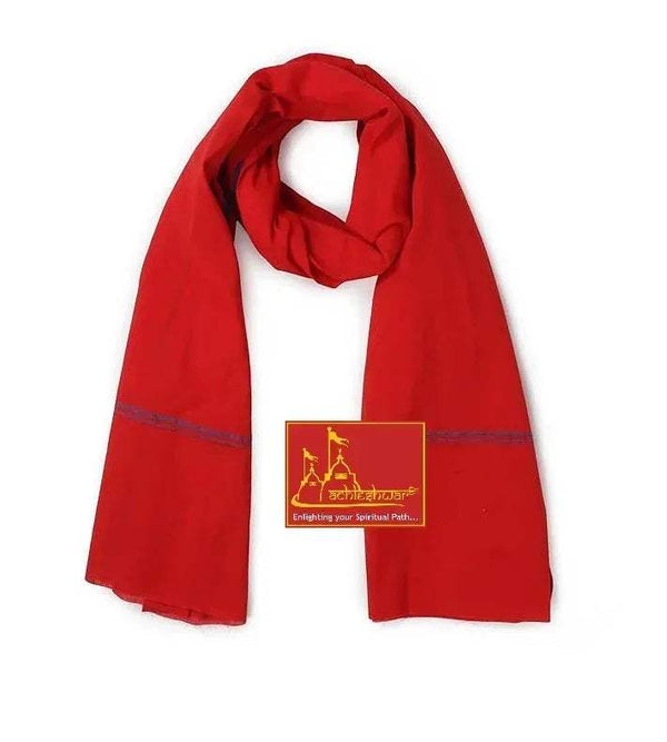 Red cotton gamcha patka scarf with dark green border stripe and logo