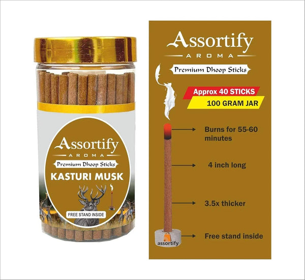Kasturi Musk dhoop sticks jar, gold cap over brown incense sticks, 100g display